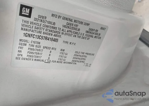 2007 Chevrolet Tahoe Ls z USA, uszkodzony, nr VIN 1GNFC13C97R418485